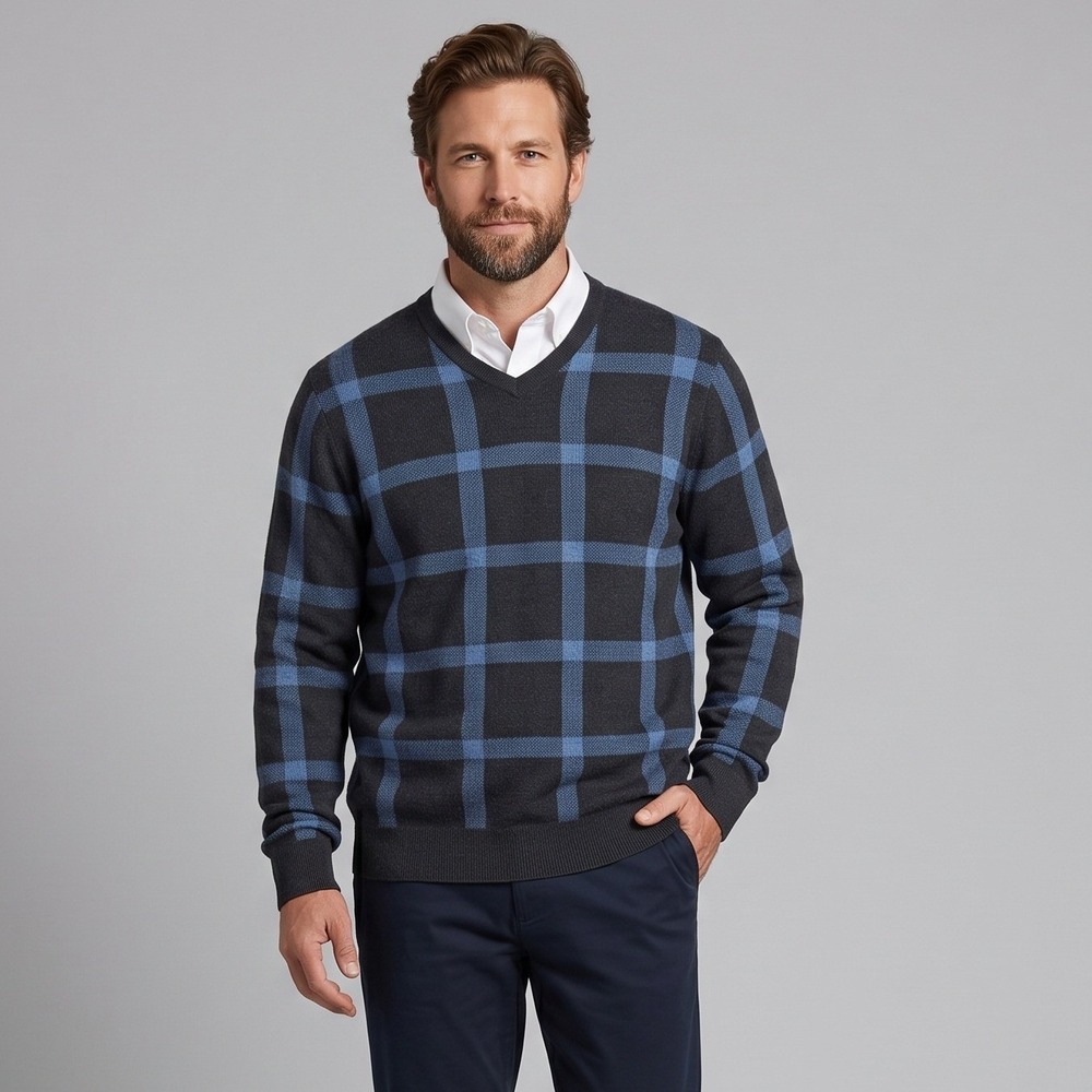 Croft & Barrow Mens Large Blue Sweater V-Neck Windowpane Plaid Cotton Blend Knit